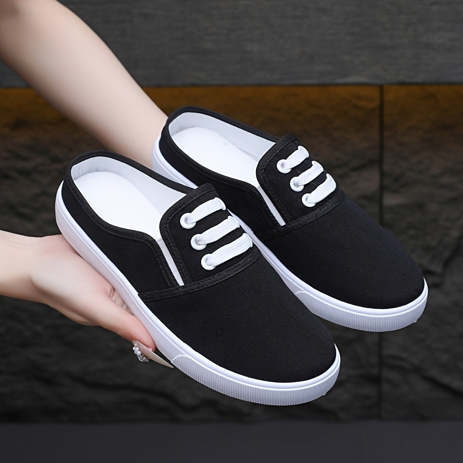 Women's Slip-On Sneakers Breathable Black Fabric Low-Top Shoes with White Sole
