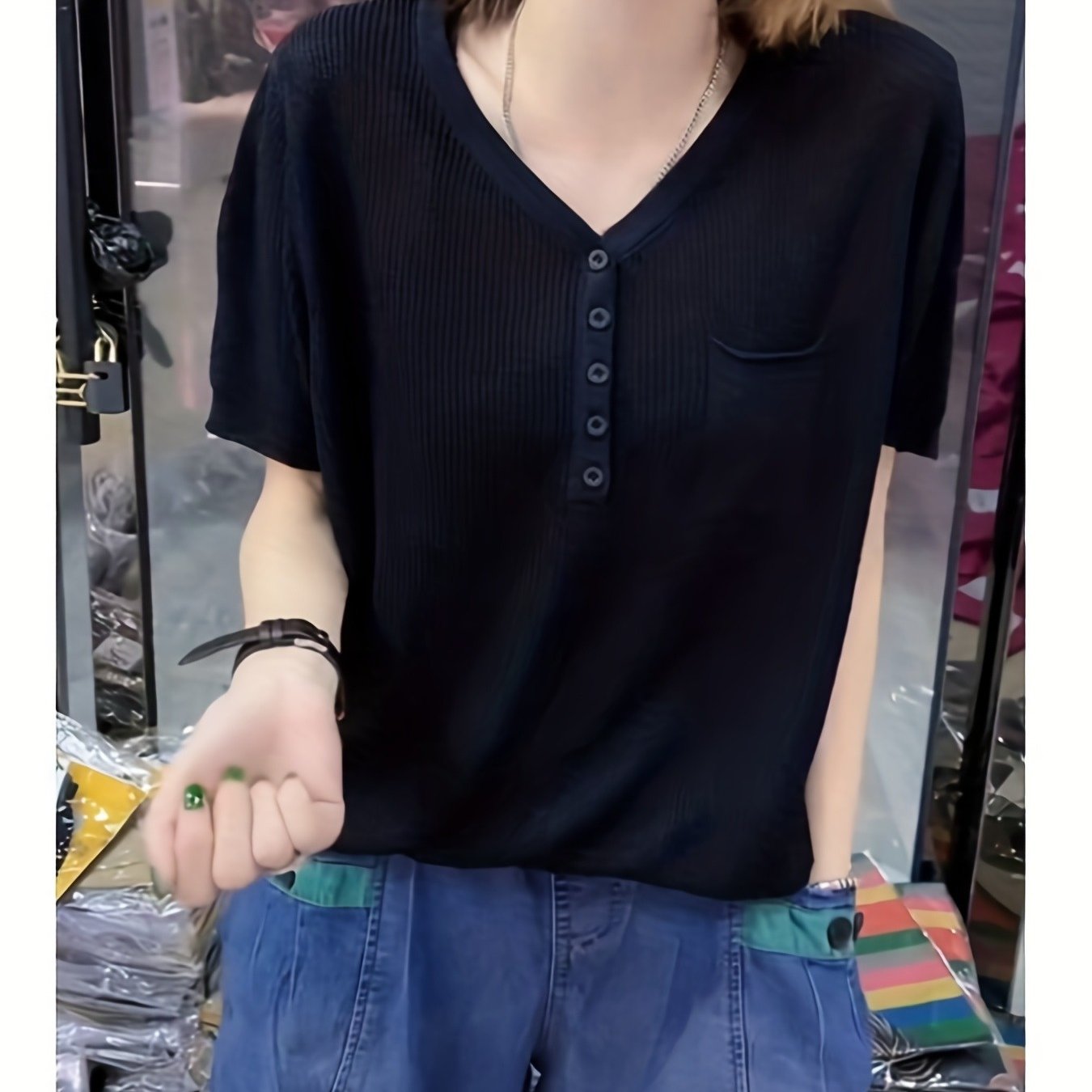 Women's Plus Size Stretchy V-Neck T-Shirt Navy Blue Casual Top