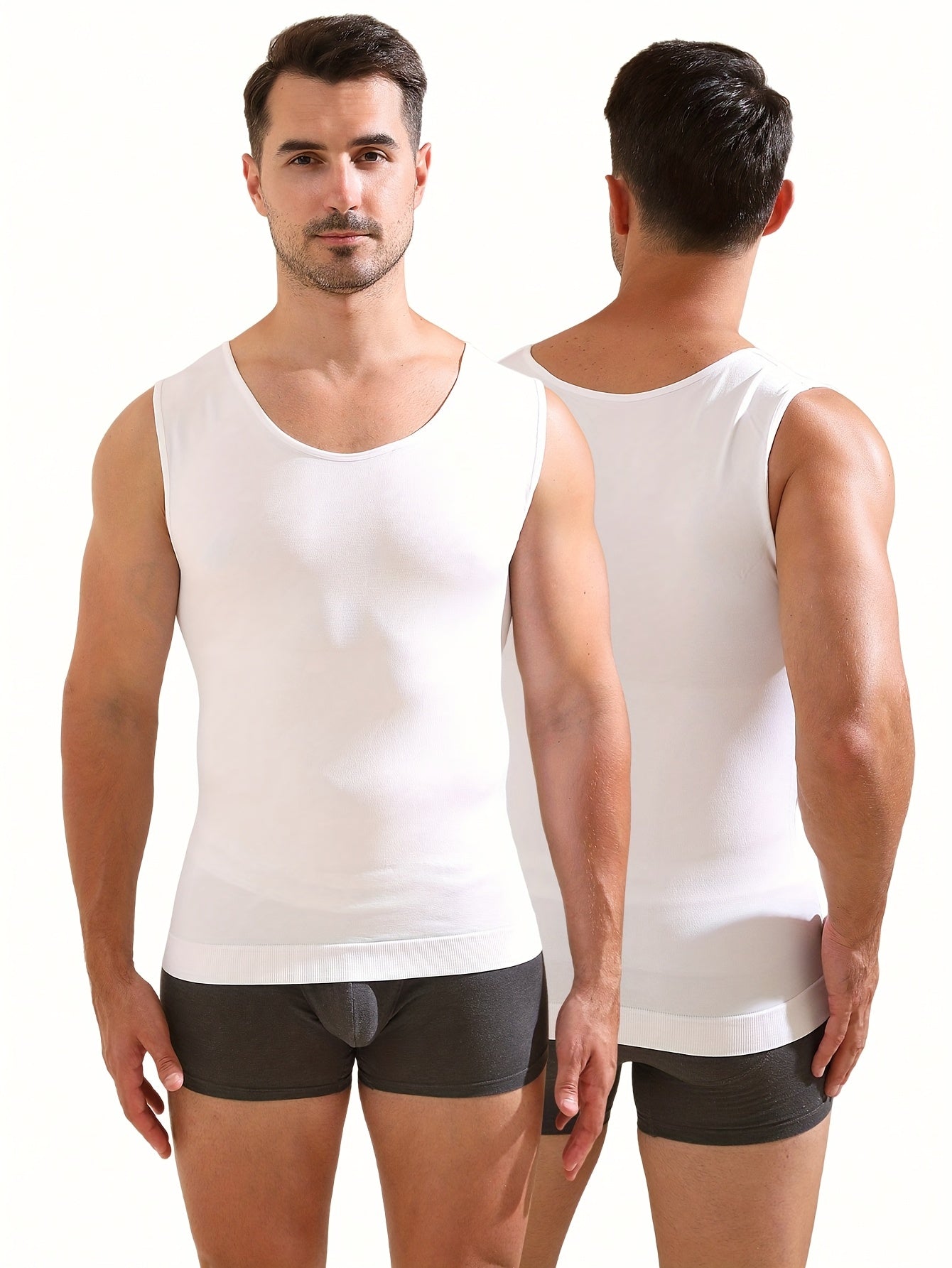 Men's Compression Tank Top High Stretch Knit Crew Neck Sleeveless Tummy Control Moisture-Wicking