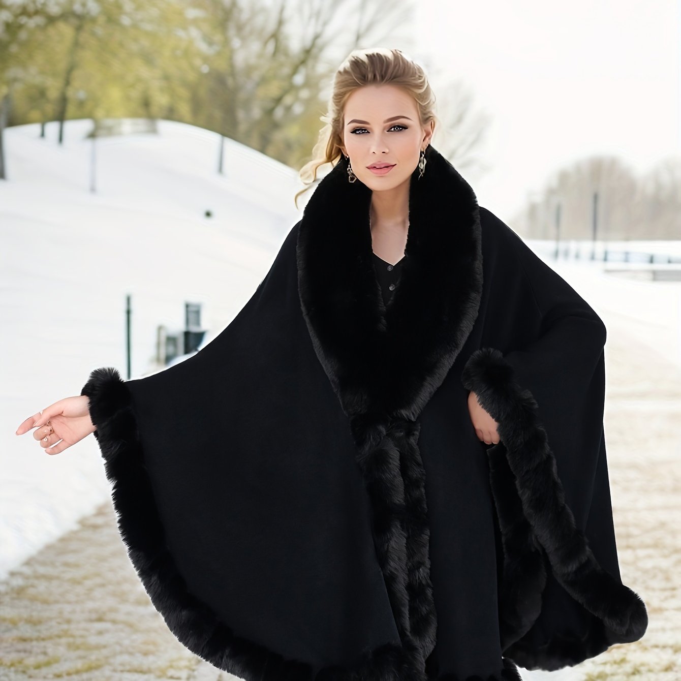 Plus Size Faux Fur Trim Cape for Women Fall Winter Open Front Shawl Solid Color
