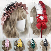 Ruffled Lace Ribbon Bow Headband with Hairpins for Girls in Contrasting Colors