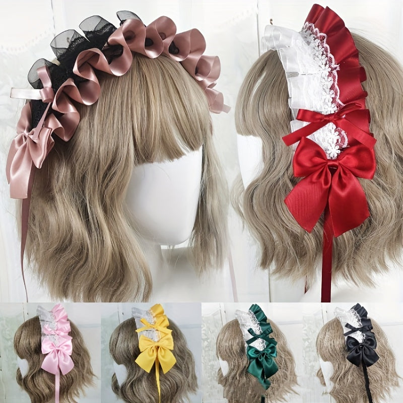 Ruffled Lace Ribbon Bow Headband with Hairpins for Girls in Contrasting Colors