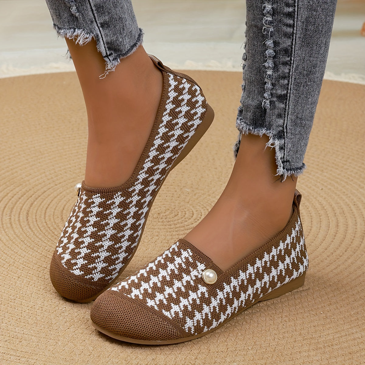 Women's Houndstooth Slip-On Flats Breathable Fabric All-Season Shoes