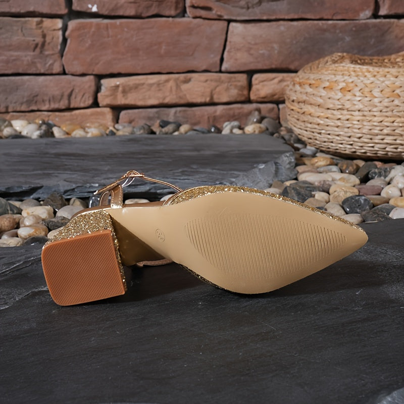 Women's Gold Sequined Pointed-Toe Pumps with Chunky Heels for Daily Wear