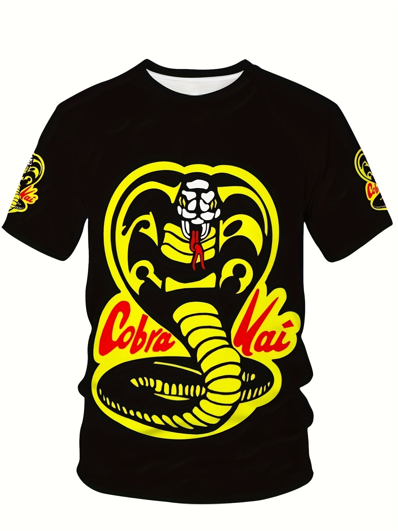 Erkaklar uchun 3D Kobra Iloni Grafik T-Shirt, qalin sariq va qizil bosmada, qulay polyester aralashmasidan tayyorlangan, har kuni va sport kiyimlari uchun mukammal. Katta o'lcham mavjud.