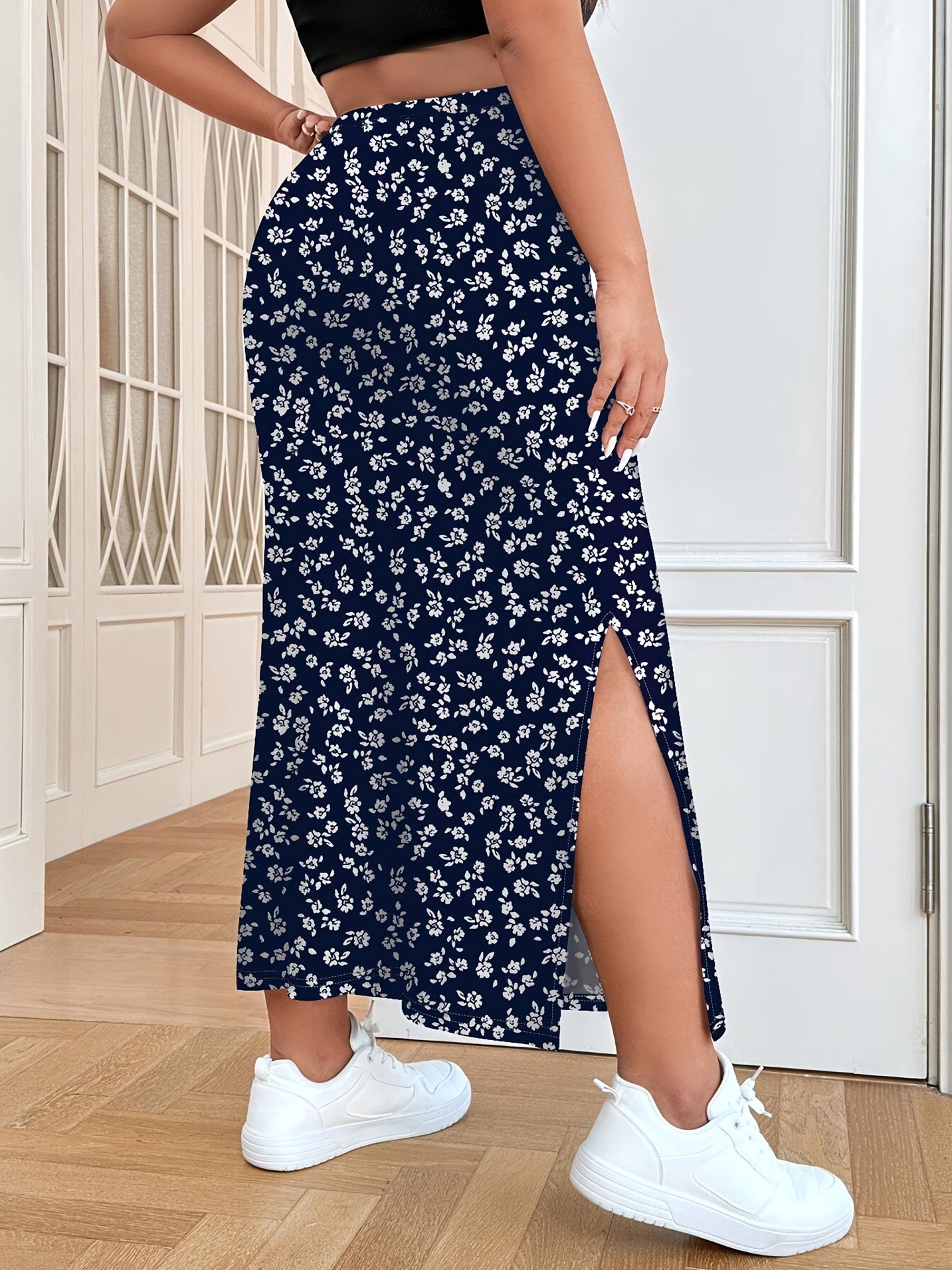 Women's Plus Size Elegant Floral A-Line Midi Skirt with High-Waisted Split Hem Navy Blue Ditsy Print