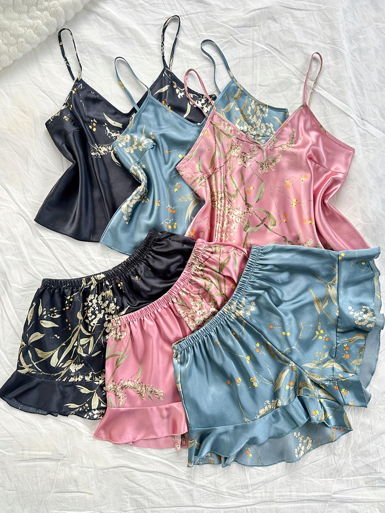 Women's Plus Size Pajama Set Polyester Blend Cami Tops Ruffle Shorts All-Season