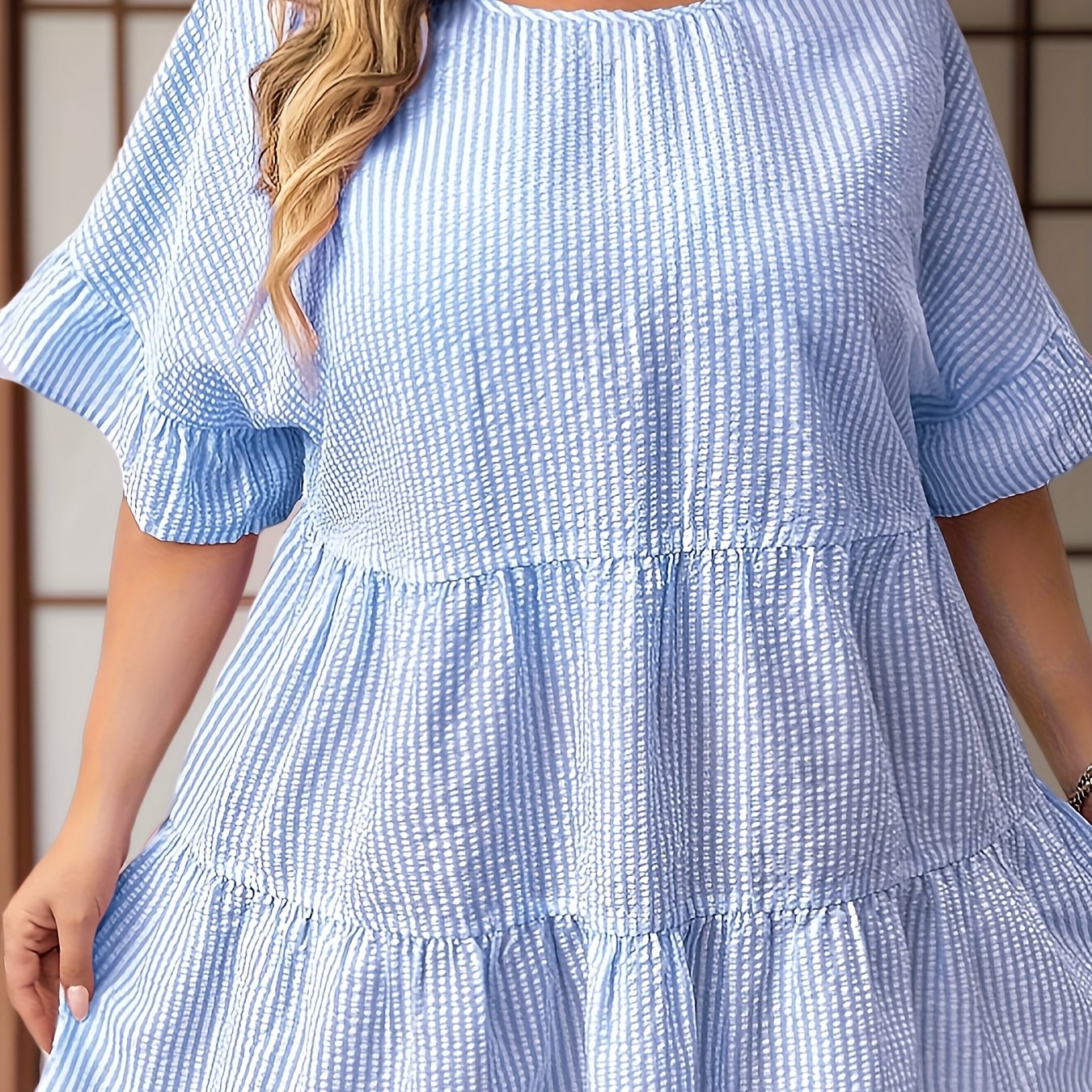 Women Plus Size Striped Ruffle Collar Short Sleeve Casual Shirt for Summer