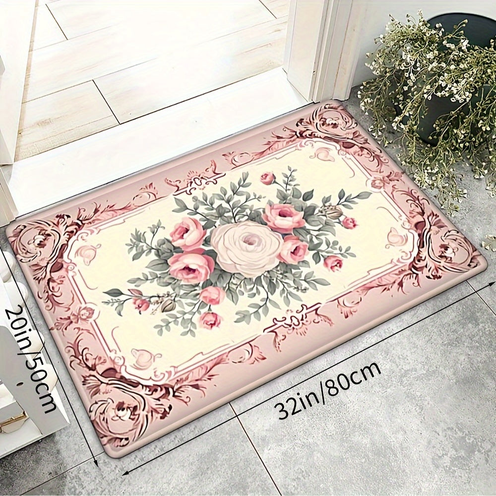 Alfombra absorbente de estilo campestre francés con motivos florales para cocina, baño y entrada, antideslizante, de poliéster