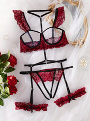 Conjunto de lencería de encaje y satén para mujer con aros y correas ajustables