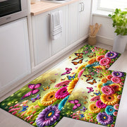 Flannel Flower Kitchen Rug Waterproof Non-slip Absorbent Anti-fatigue Mat with Sunflower Design