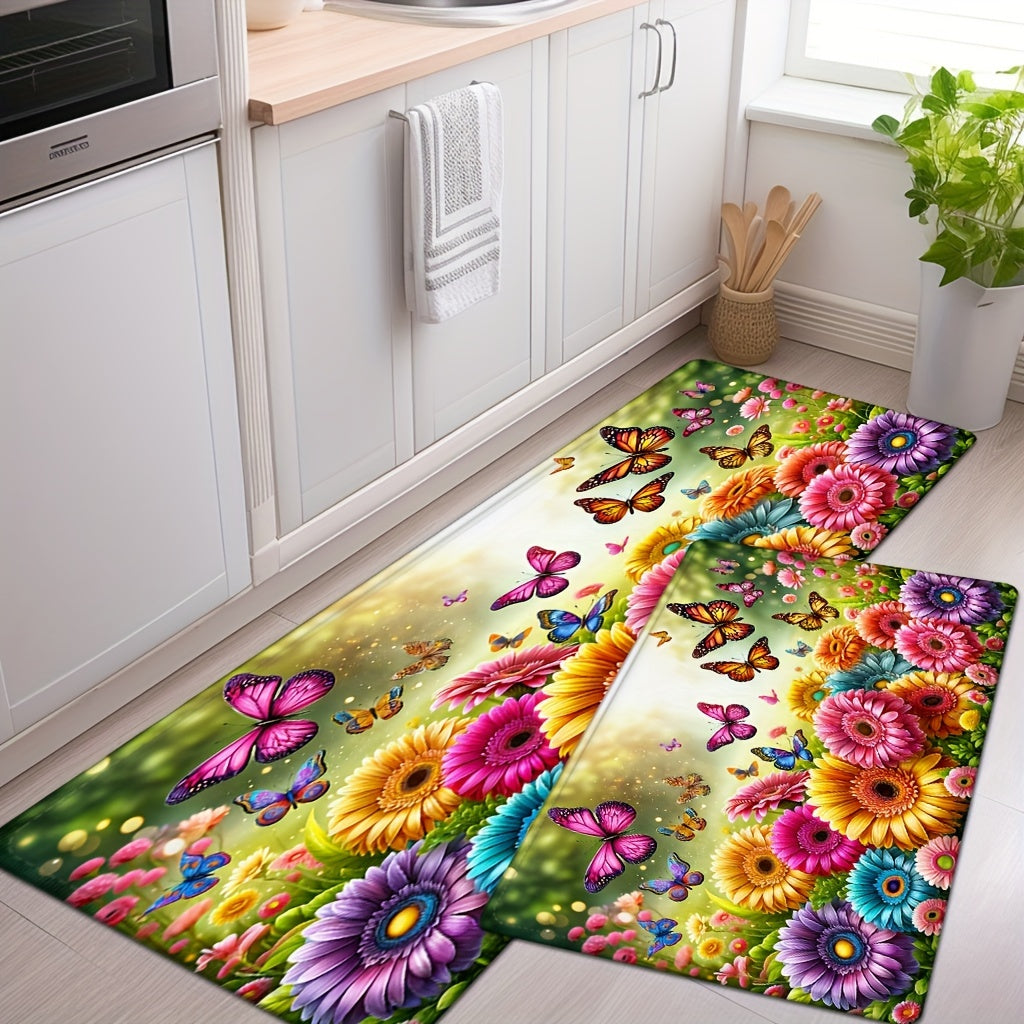 Flannel Flower Kitchen Rug Waterproof Non-slip Absorbent Anti-fatigue Mat with Sunflower Design