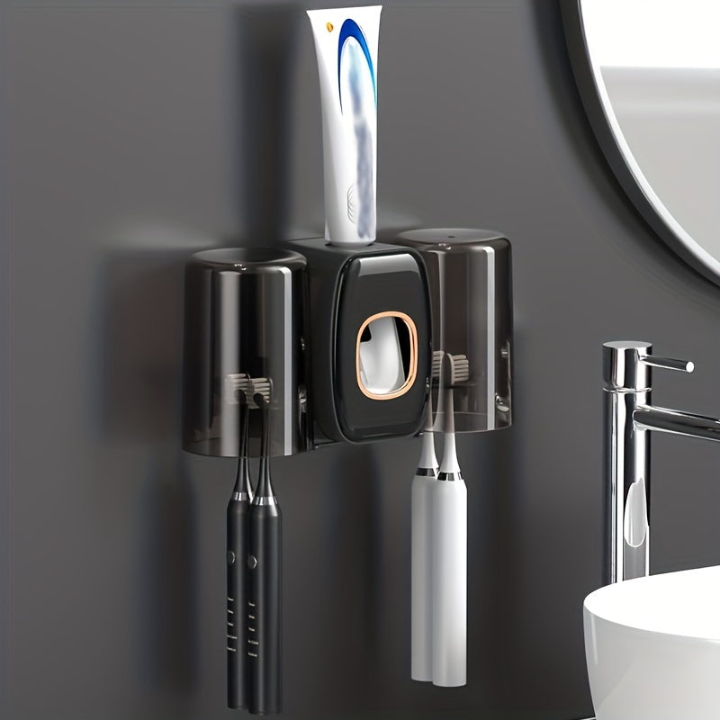 Wall-Mounted Toothbrush Holder with Toothpaste Squeezer and Mouthwash Cup for Bathroom Organization