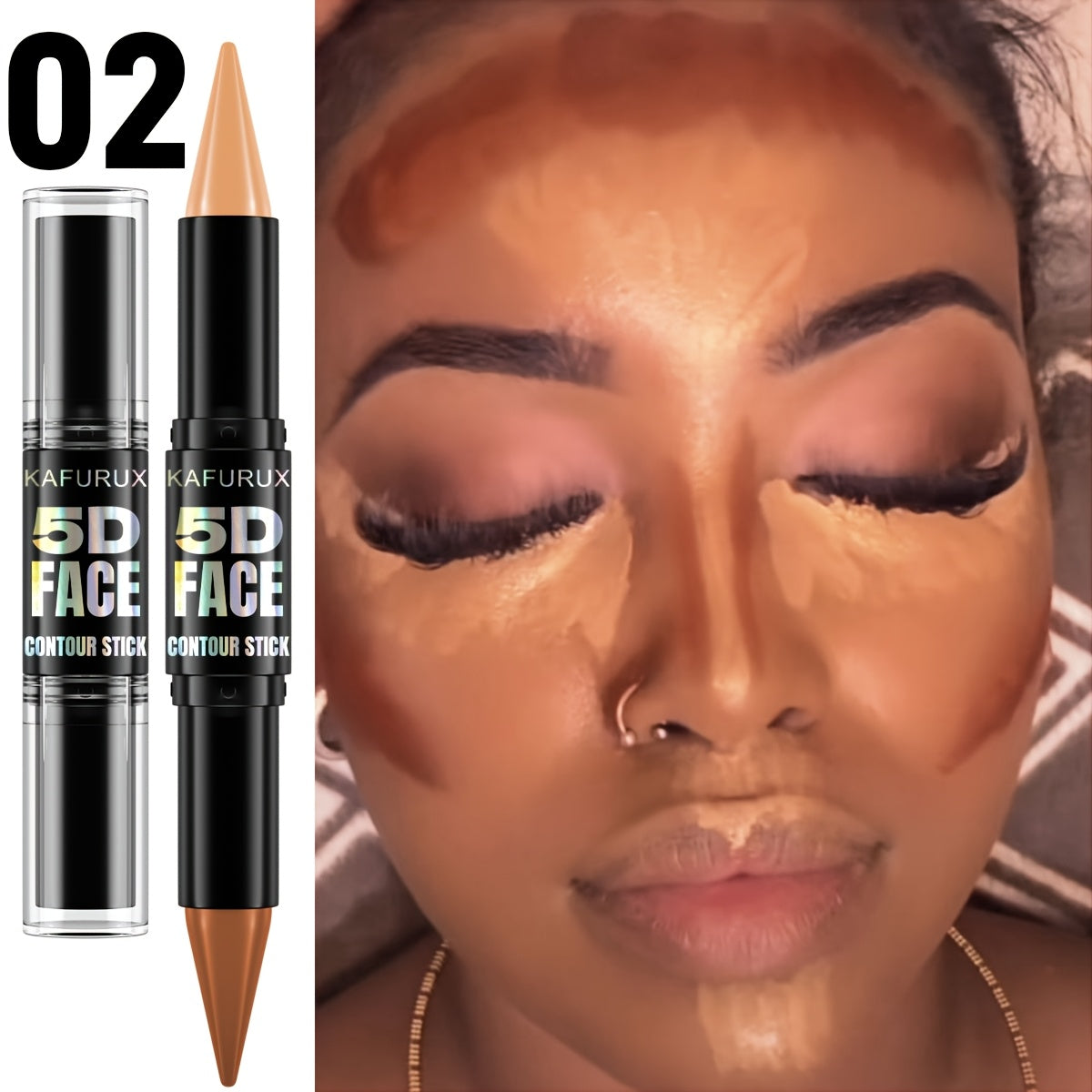 Yuz kontur stiku, ikki tomonlama yashiruvchi, to'liq qamrov, tabiiy yakun, yengildan o'rtacha