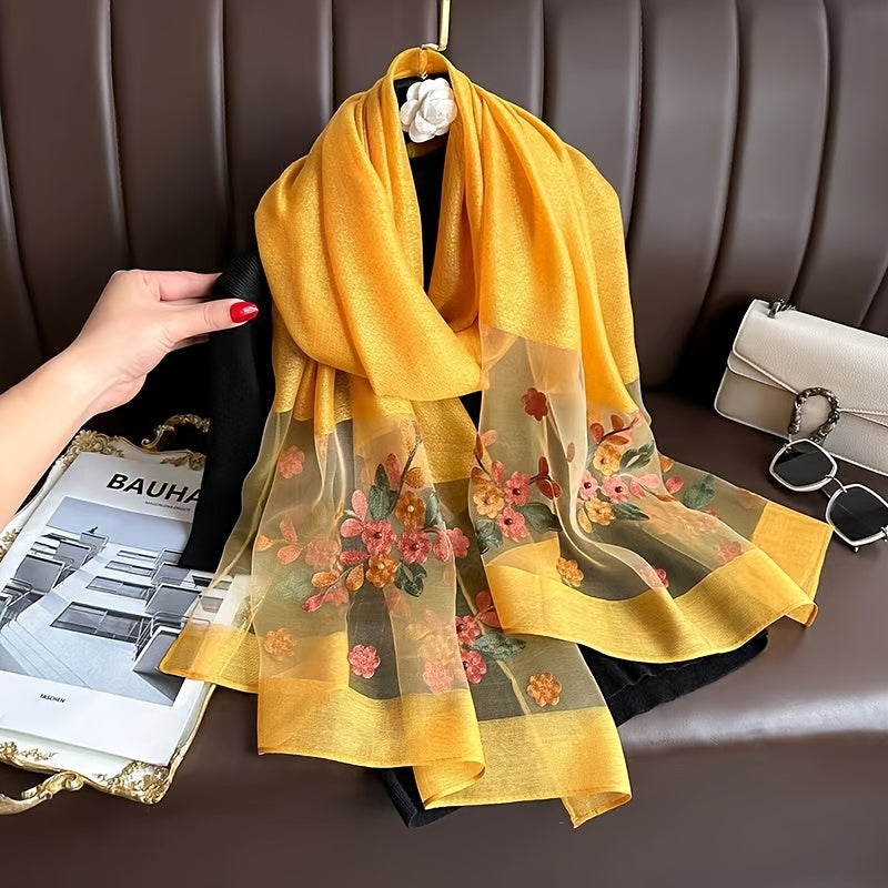 Women’s Embroidered Begonia Flower Scarf Thin Dual-Layer Breathable Solid Color Shawl
