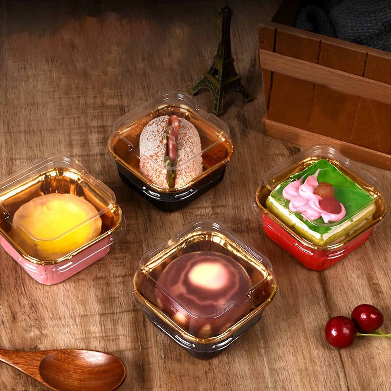 50 Square Cupcake Cups with Lids, Heat-Resistant Foil, Baking and Dessert Cups