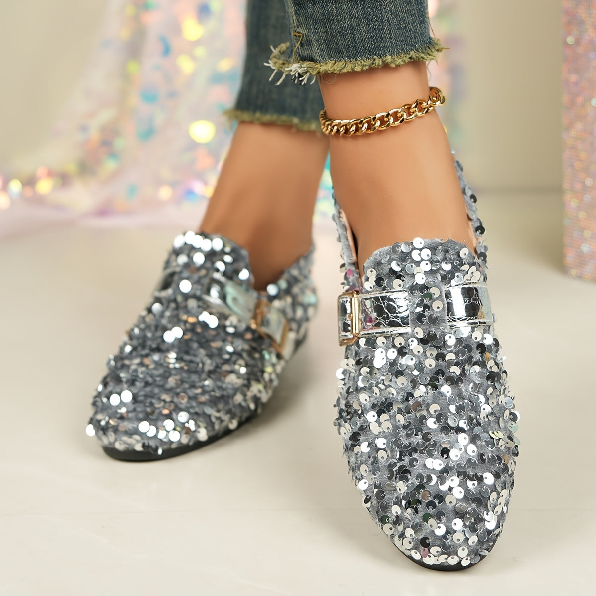 Women's Sequin Embellished Mary Jane Flats Casual Round Toe Slip-On All-Season Comfort