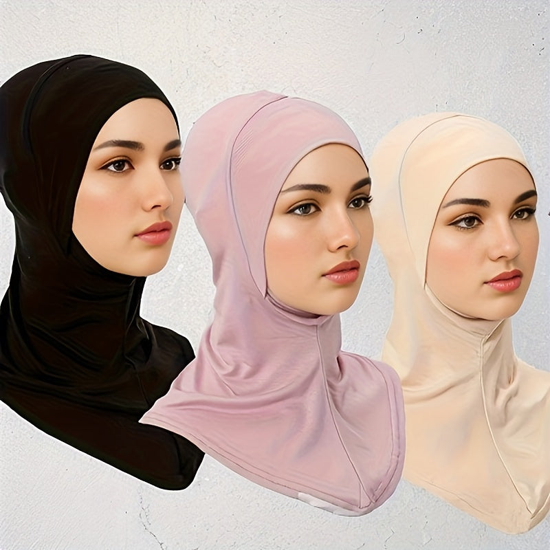 Women’s Elastic Modal Hijab Caps Pack of 3 Breathable Polyester Solid Color Head Wraps with Snap Closure