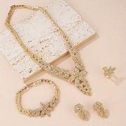 Wedding Jewelry Set for Women Gold Leaf Rhinestone Necklace Ring Earrings Bracelet Gift