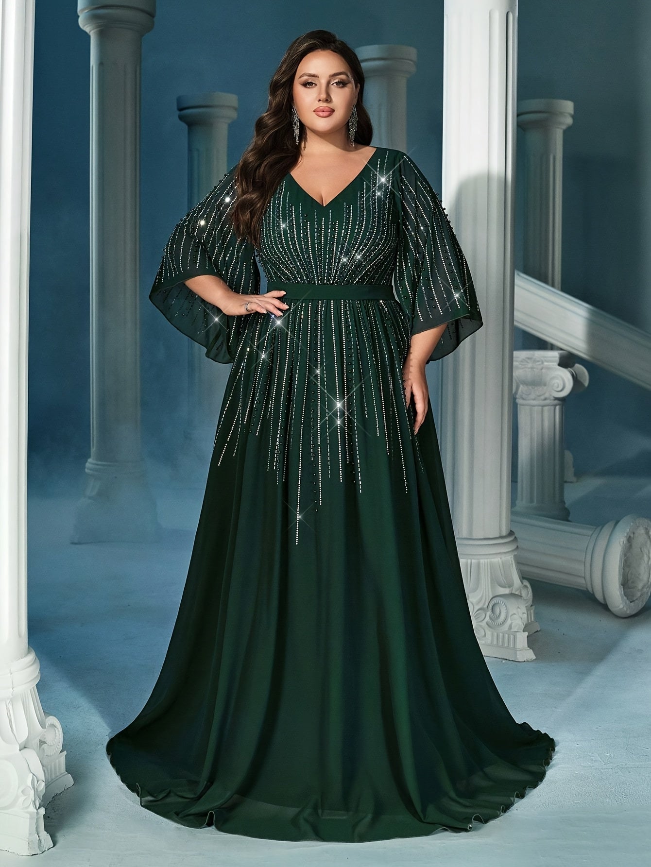 Women's Dark Green Plus Size Chiffon Formal Gown for Party Banquet