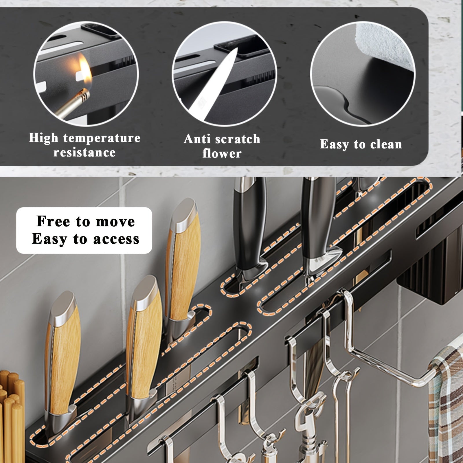 Wall-Mounted Stainless Steel Kitchen Knife Rack with Hooks and Shelf, 50cm