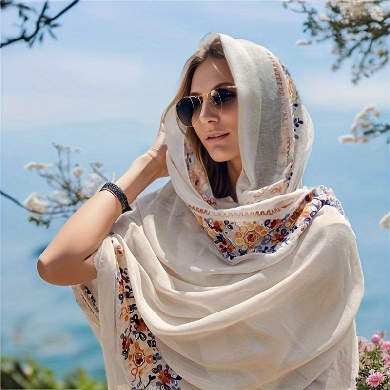 Cotton-Linen Bohemian Scarf for Travel and Beach Wind-Resistant Wrap with Jacquard Pattern