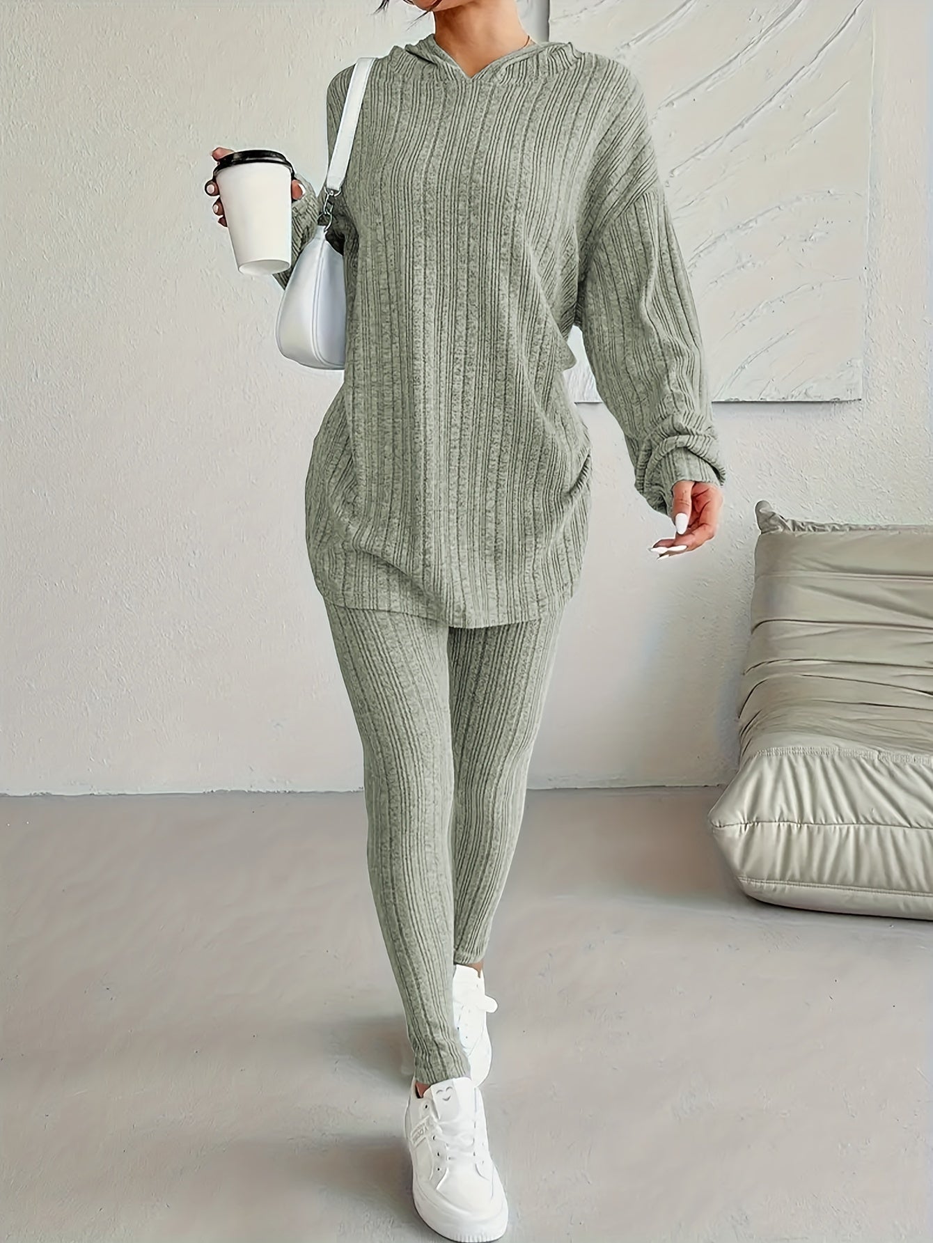 Women's Cozy Ribbed Fleece Lounge Set Hoodie and Leggings Fall Winter Polyester Blend