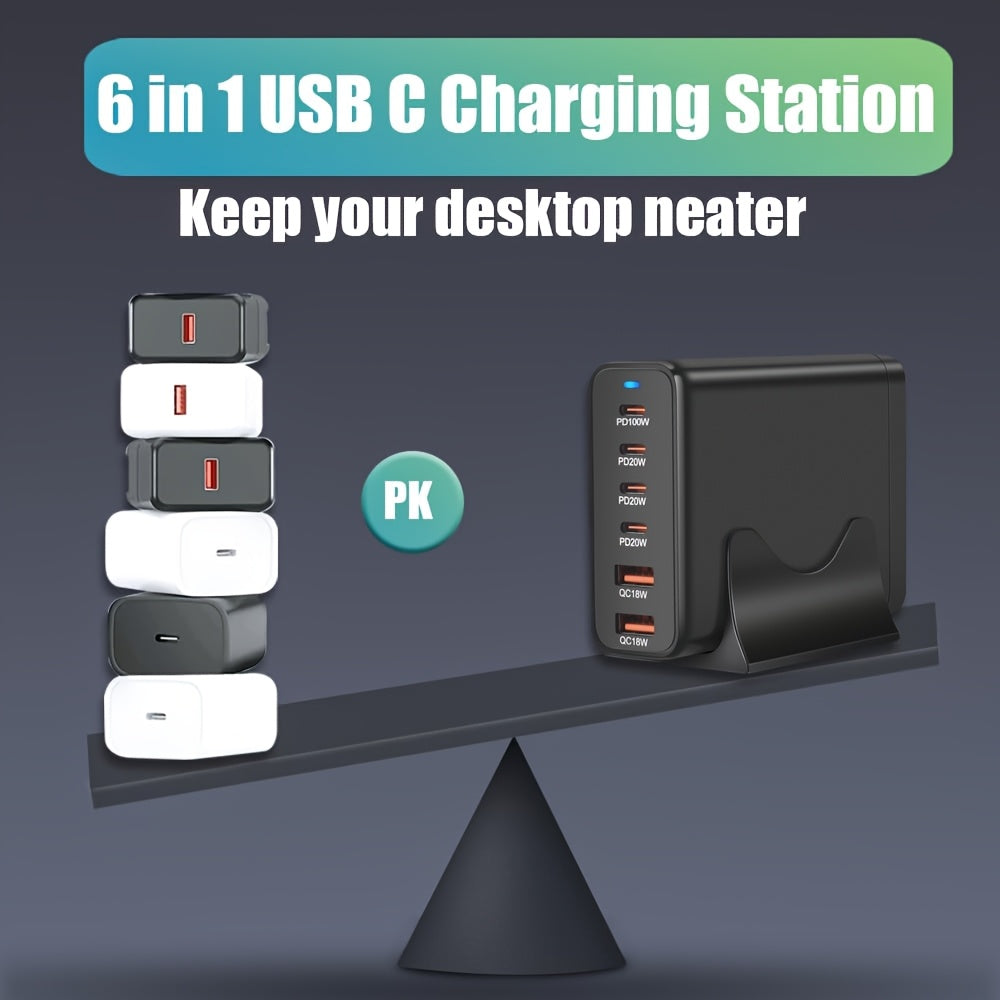 Cargador USB GaN de 200W, adaptador de pared de carga rápida de 6 puertos, negro