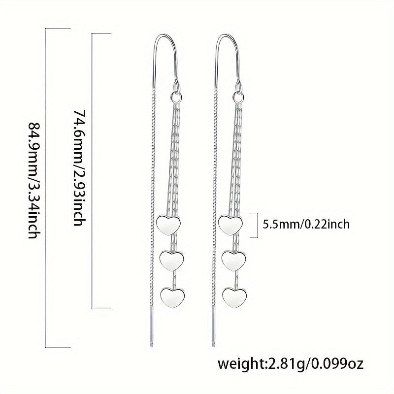 Sterling Silver Heart Chain Tassel Dangle Earrings for Women