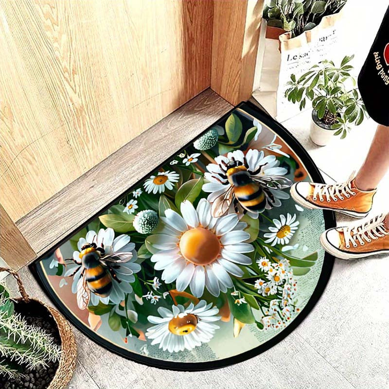 Semi-Circular Welcome Mat with Daisies and Bees Non-Slip Washable Polyester Indoor Outdoor Durable Entrance Rug