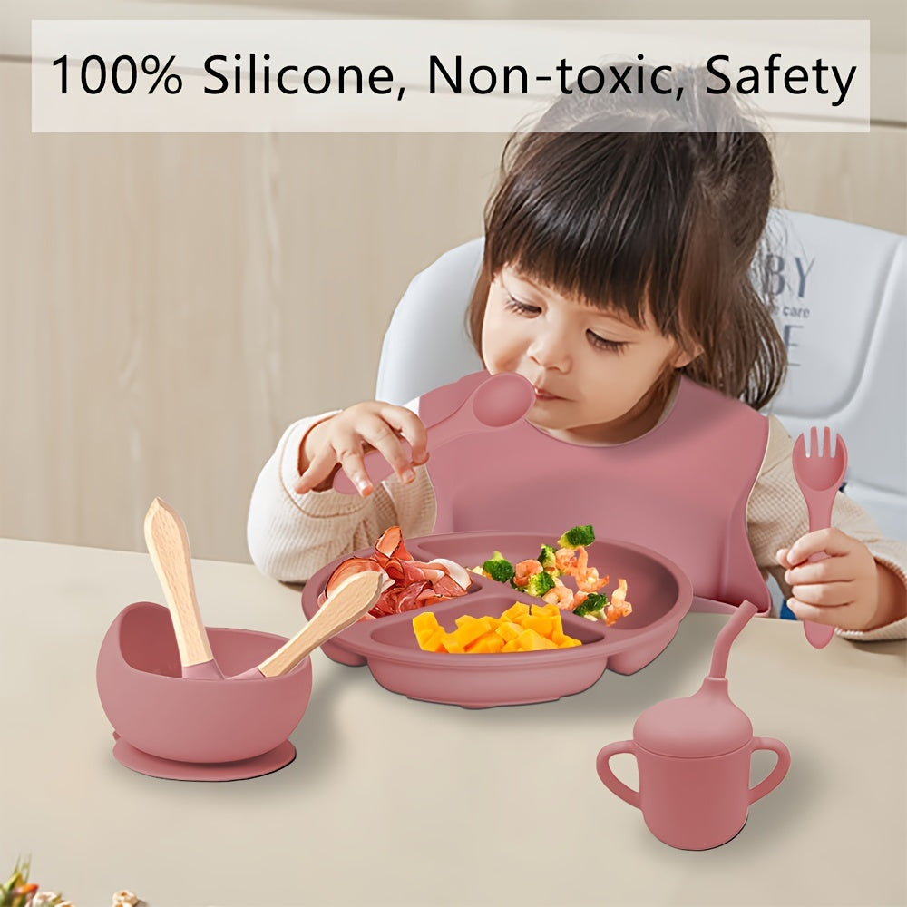 8-Piece Silicone Toddler Feeding Set Non-Toxic BPA-Free Suction Plates Bibs Straw Cups Utensils