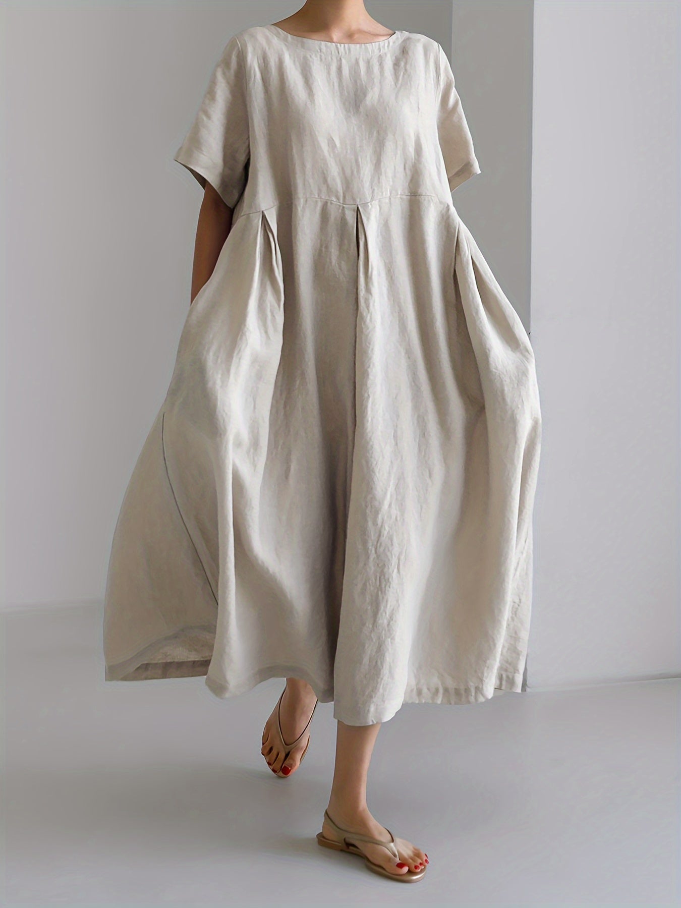 Платье из льна большого размера с карманами, короткий рукав, круглый вырез, длинная длина, летнее повседневное