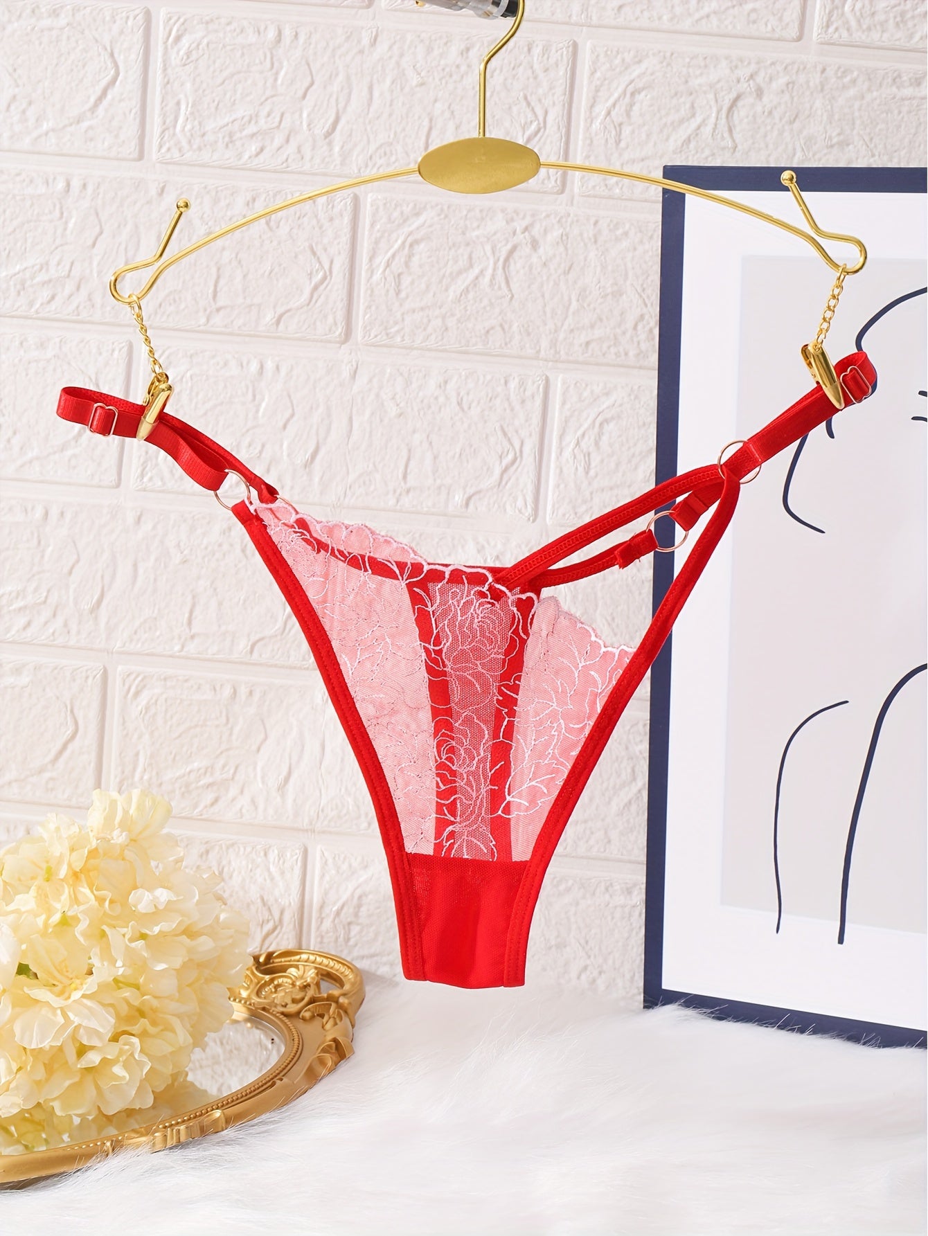 Lingerie Lace Thong with Adjustable Belt Hollowed-Out Waist Sheer Details for Nightclub