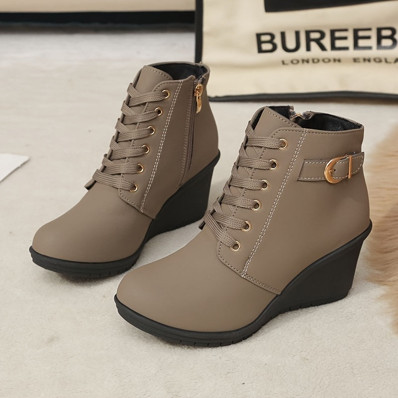 Women's Solid Color Round Toe Wedge Ankle Boots with Buckle Zipper