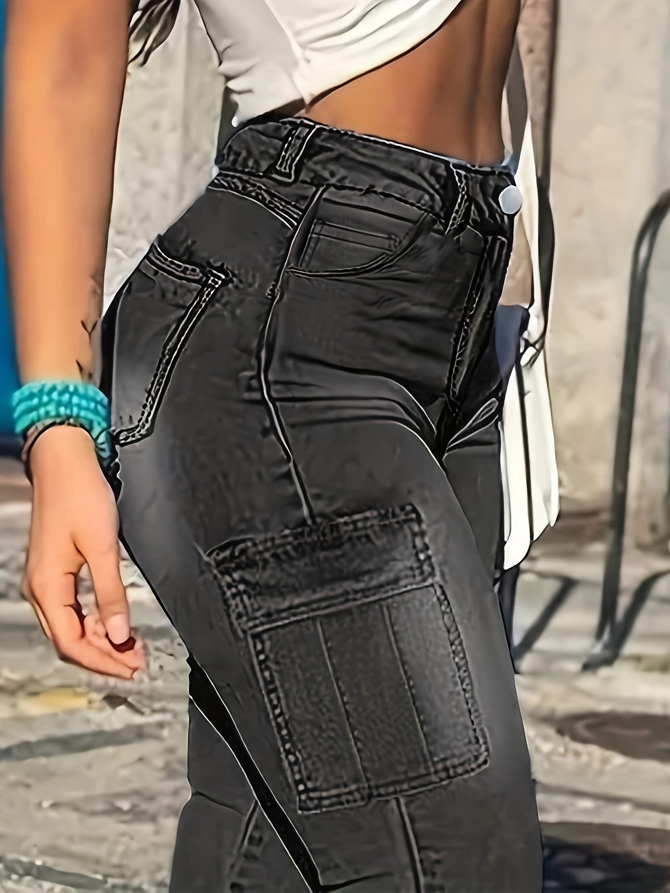 Pantalones de trabajo ajustados con control de barriga en negro para mujer, estilo pitillo con abertura en la bota, denim, talla grande