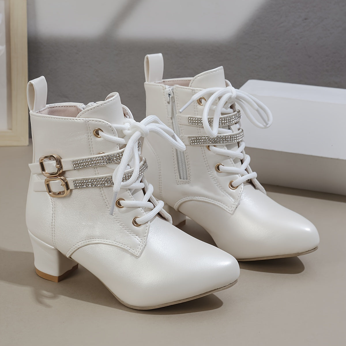 Women's Faux Leather Block Heel Boots with Buckles Zipper Pointed Toe