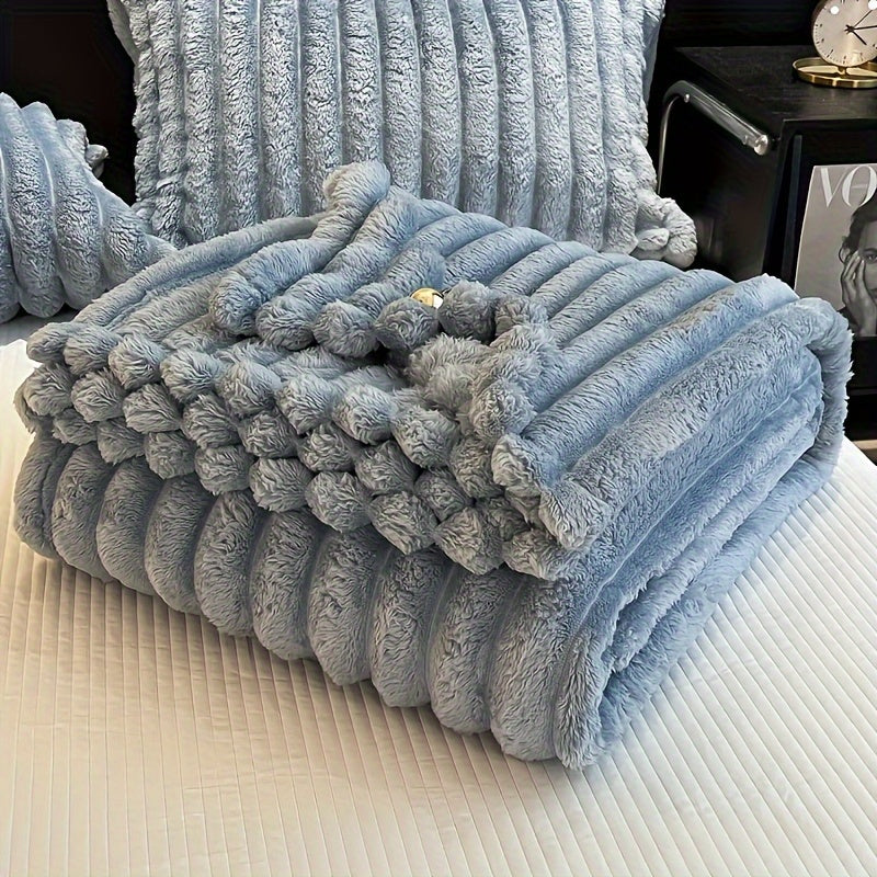 Ultra-Soft Faux Rabbit Fur Throw Blanket with Stripes, Machine Washable, Non-Shedding