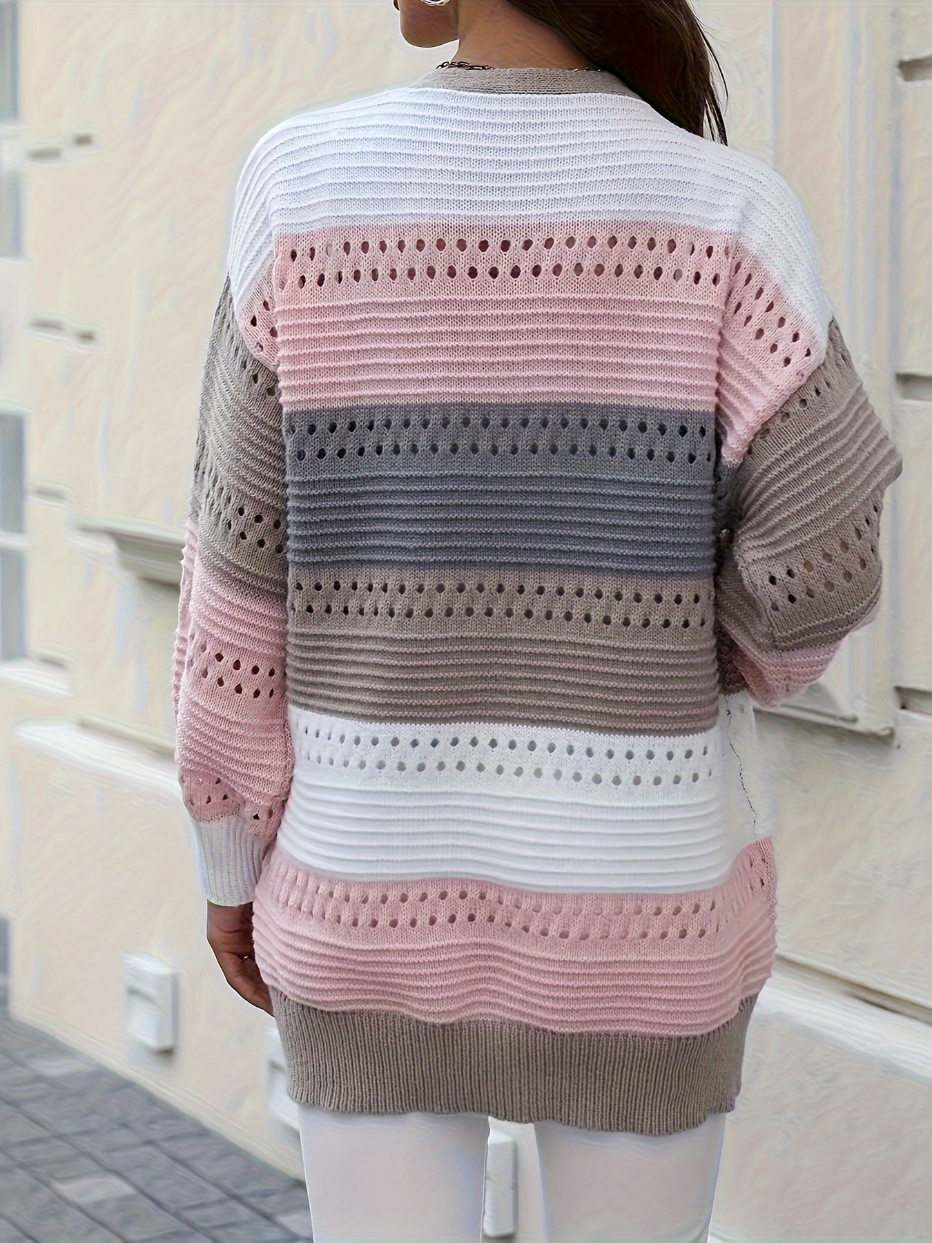 Plus Size Women's V-Neck Cardigan Breathable Lightweight Striped Spring Layering