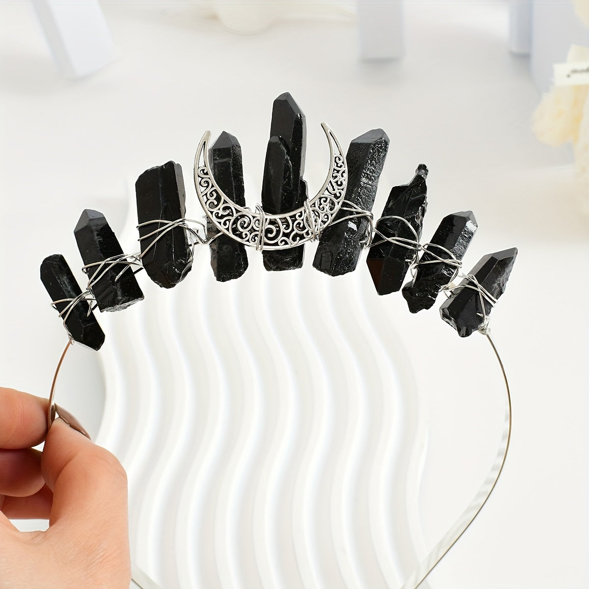 Women’s Crystal Quartz Raw Stone Crown Hairband Tiara for Weddings and Parties