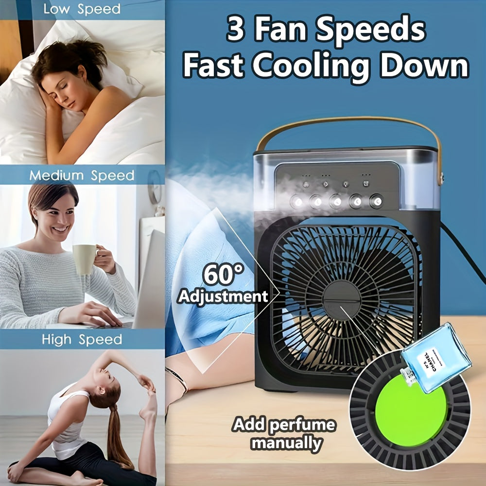 Ventilador de aire acondicionado USB portátil con gran capacidad, silencioso, con velocidad de viento ajustable y humidificador para hogar, oficina y coche