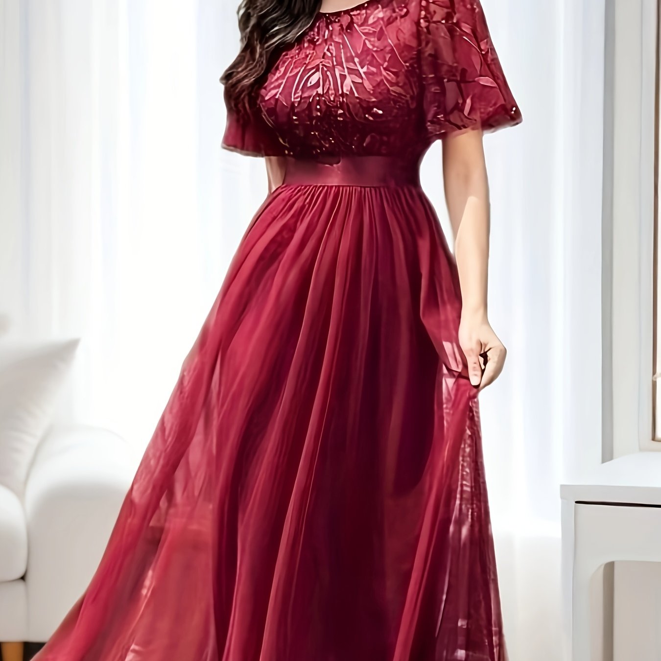 Plus Size Evening Gown A-Line Mesh Splicing for Banquets and Parties