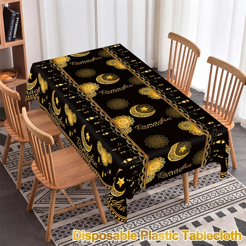 Ramadan Disposable Plastic Tablecloth Black Gold Moon Lantern Star 130x220cm for Eid Al-Fitr and Eid Al-Adha