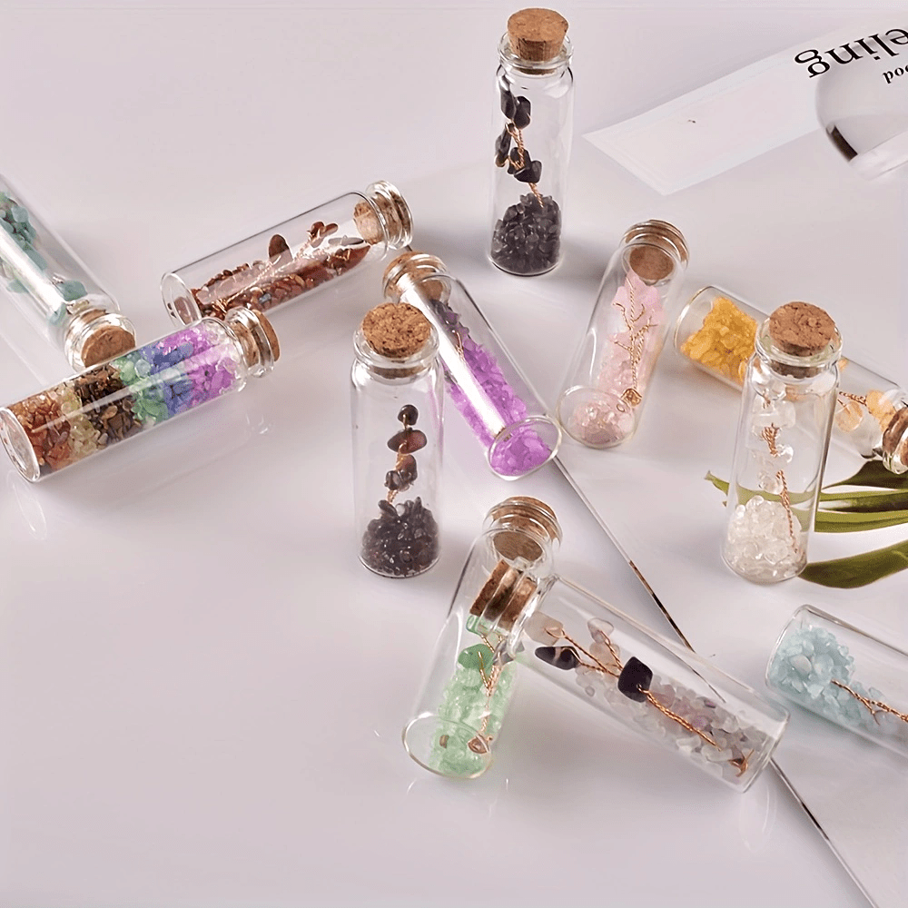 Botella de deseos de cristal con cristales naturales y árbol de la suerte para meditación y decoración