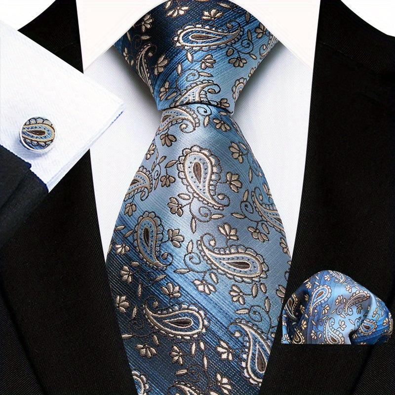 Men's Floral Plaid Necktie and Handkerchief Clip Set for Business and Weddings