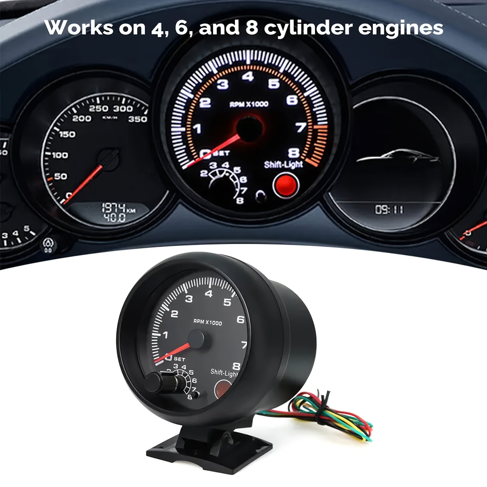 Black Tachometer Gauge 9.53cm 0-8000 RPM with Blue Shift Light for Cars