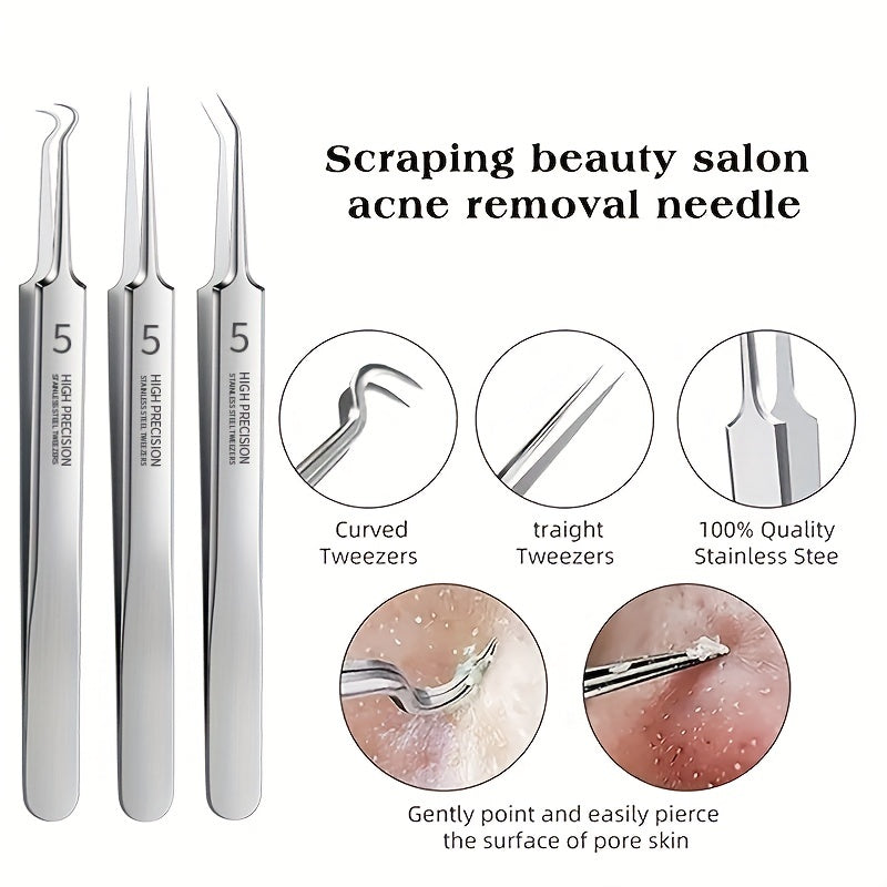 3Pcs Professional Tweezers Set - Fine Precision Blackhead Blemish Removal