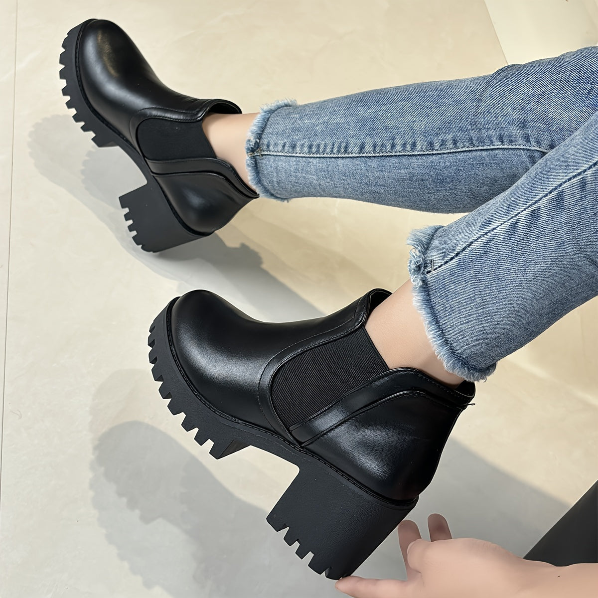 Women's Faux Cover Ankle Boots with Chunky Heel, Rubber Sole, Black