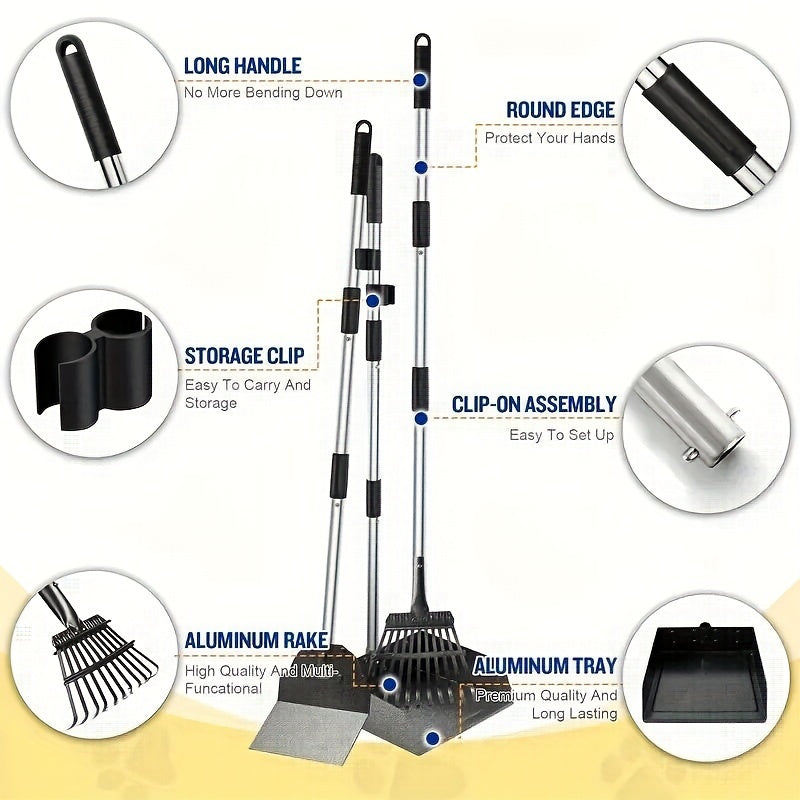Stainless Steel Pet Waste Cleanup Kit with Pooper Scooper Rake Bin