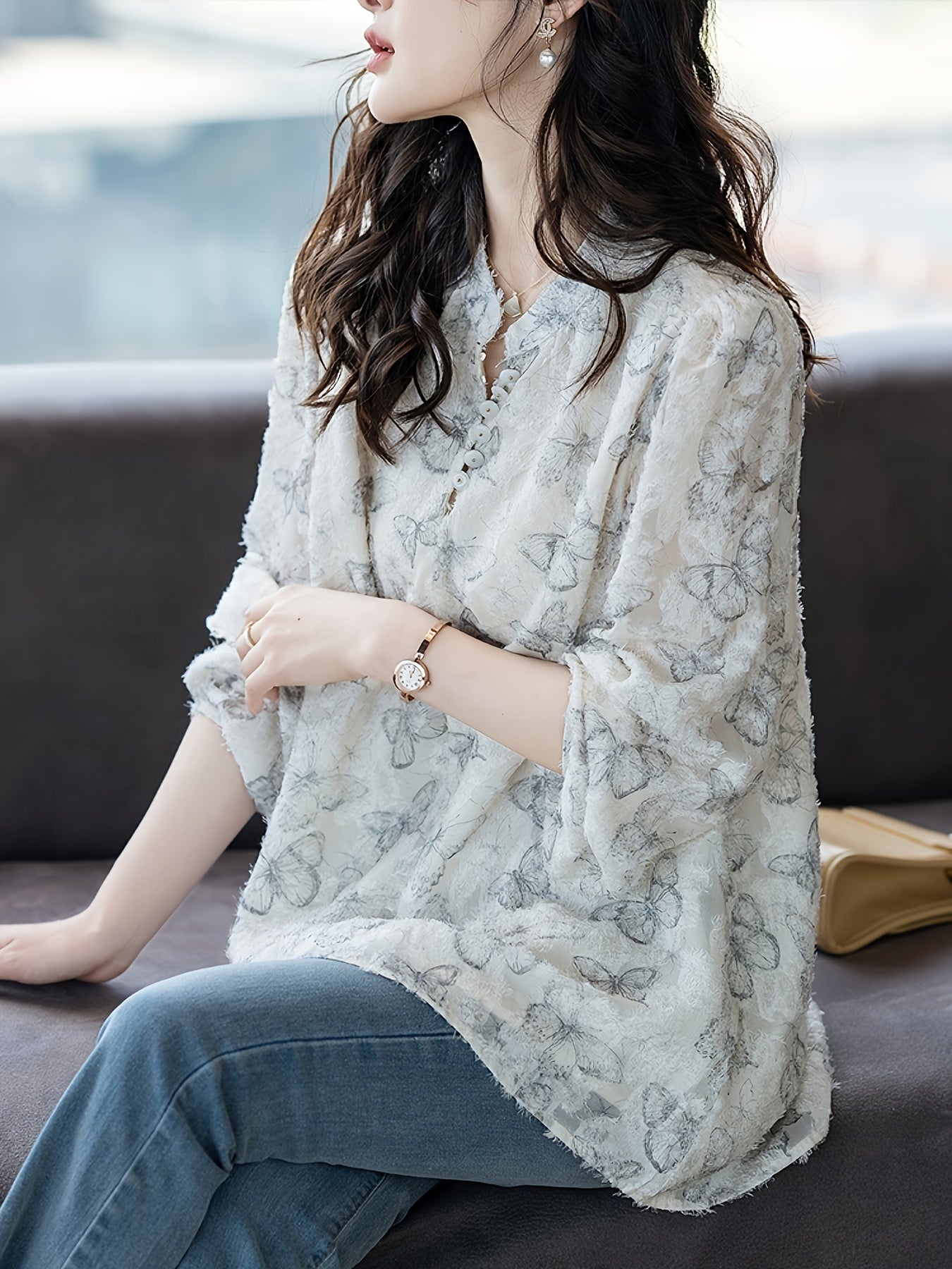 Women's V-Neck Long Sleeve Shirt Woven Polyester Color Block Butterfly Print