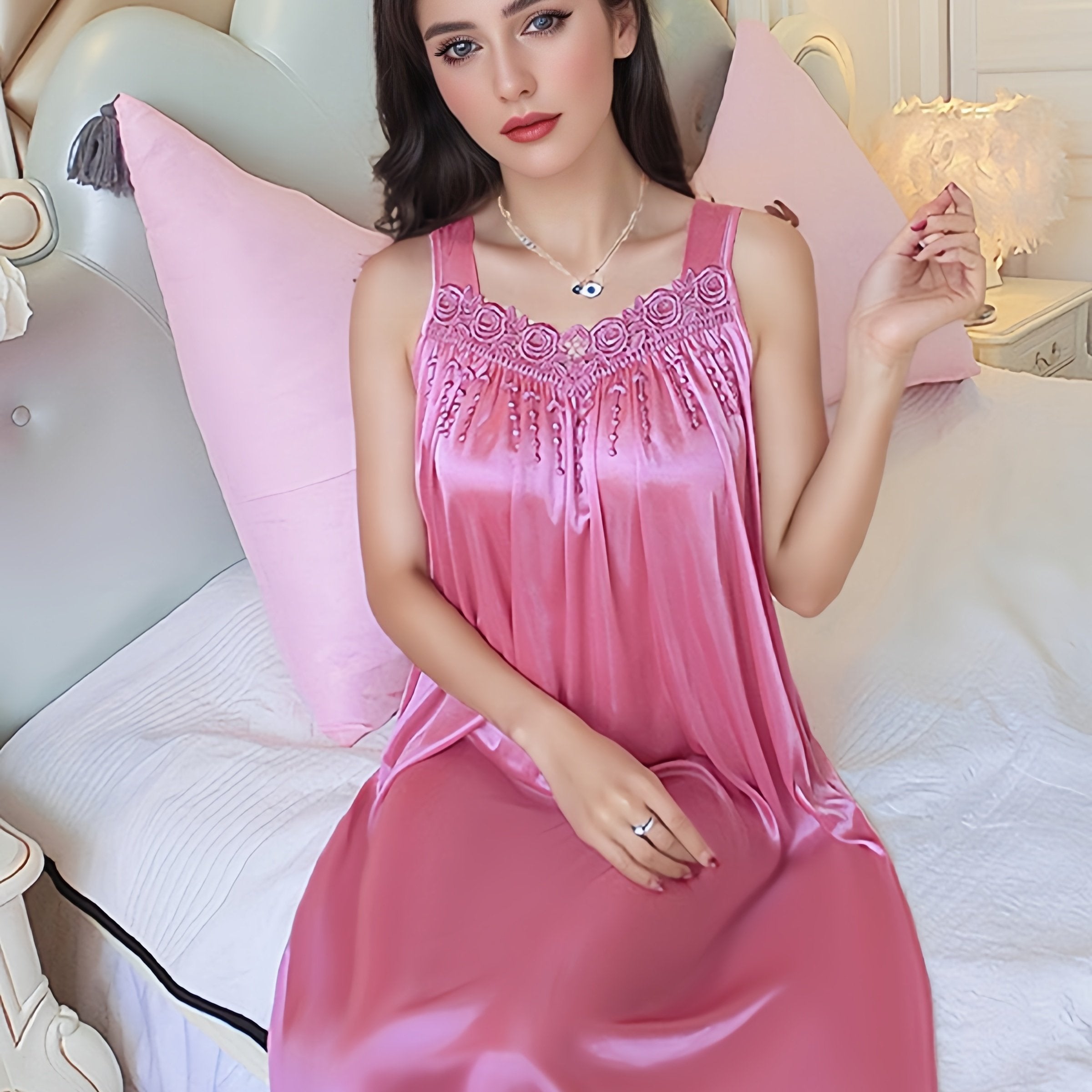 Plus Size Women's Spaghetti Strap Silk Sleep Dress Red Lounge Nightgown